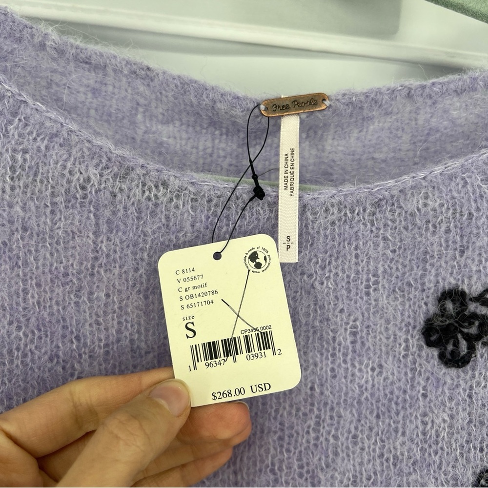 Free People Purple Embroidered Alpaca Blend Cropped Pointelle Knit Sweater S NWT - Picture 7 of 10